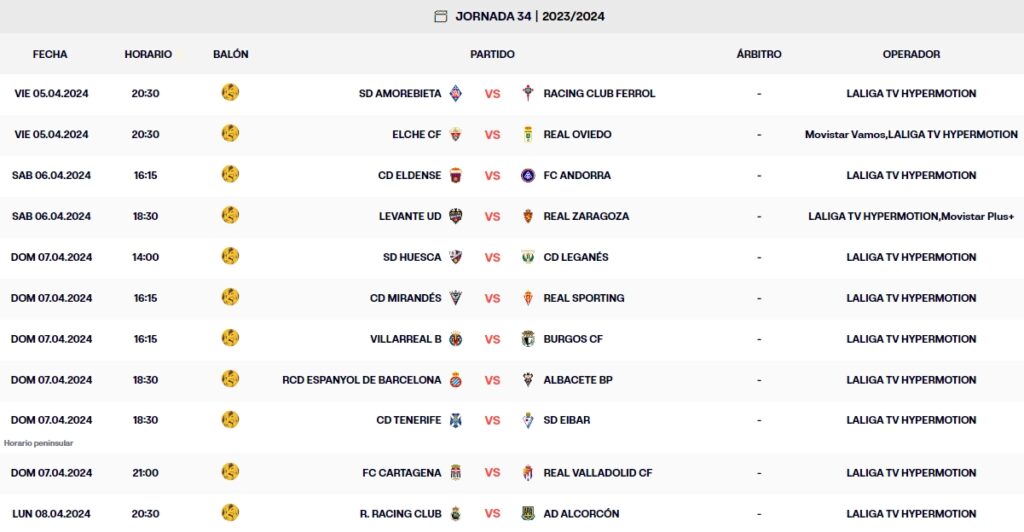 calendario jornada 34 laliga hypermotion