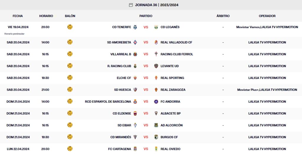 calendario jornada 36 laliga hypermotion