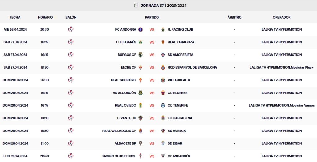 calendario jornada 37 laliga hypermotion