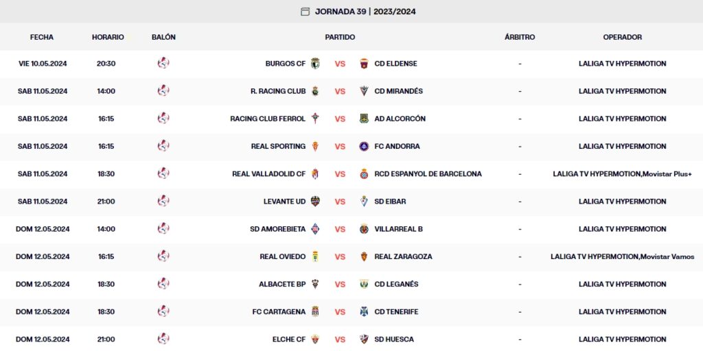 calendario jornada 39 laliga hypermotion