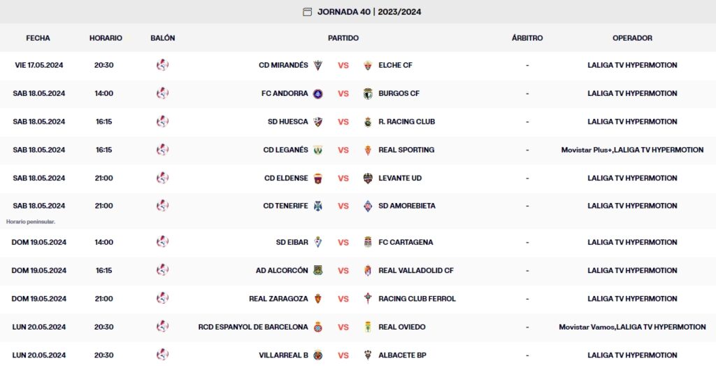 calendario jornada 40 laliga hypermotion