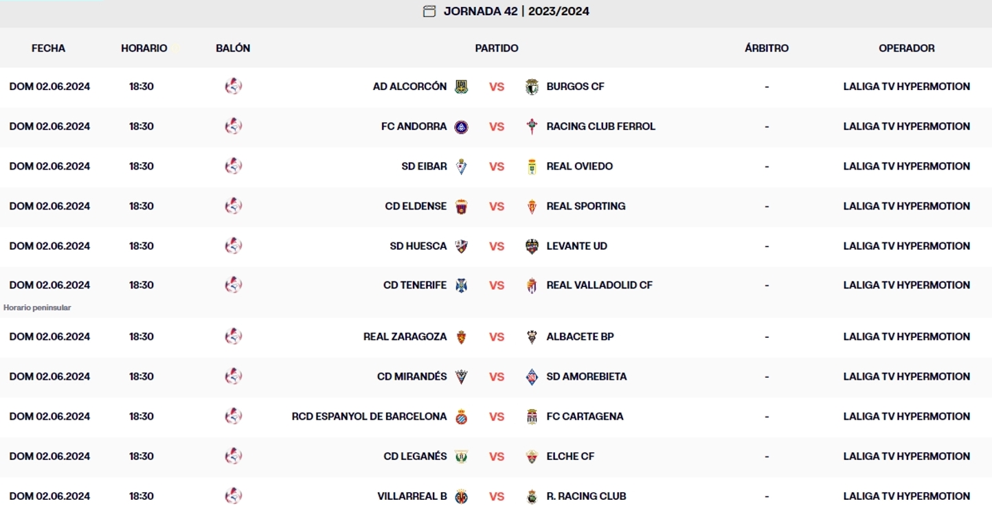 calendario jornada 42 laliga hypermotion