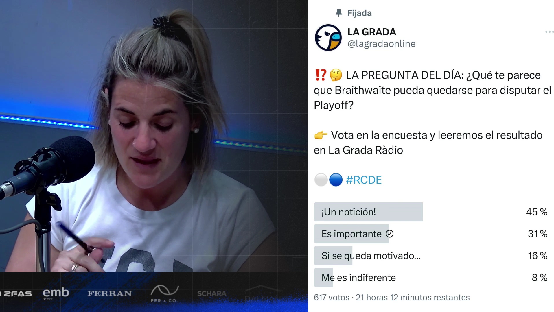 El Espanyol, al playoff de ascenso con Braithwaite; ¿en qué momento se halla el proceso de venta del club?; ¿hubo veto de Garagarza a Melamed? 1 pregunta braithwaite espanyol playoff grada radio
