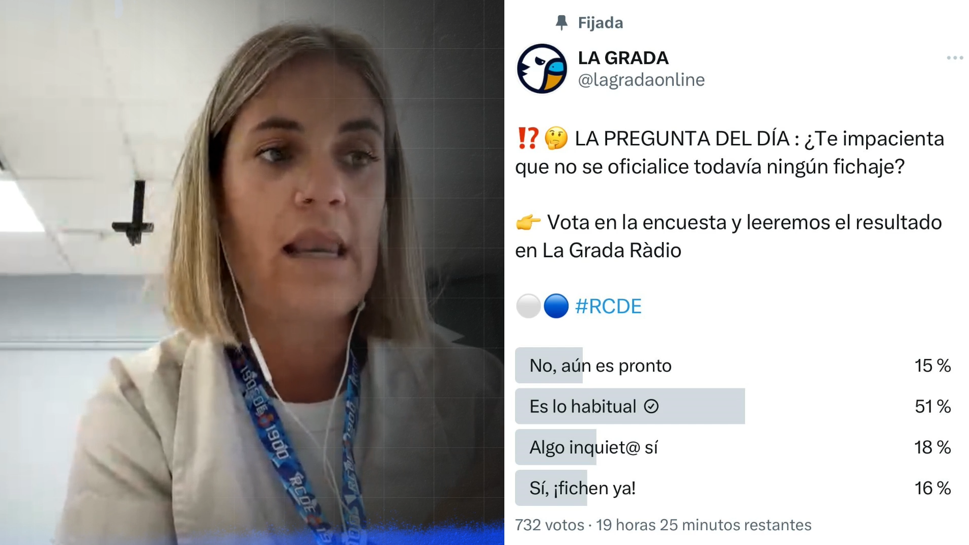 Hoy en 'La Grada Ràdio': Álvaro Tejero, primer fichaje del Espanyol; presentación de Sara Monforte como entrenadora del Espanyol Femenino; la 'rajada' de Luis Miguel Ramis contra la prensa perica 1 votacion del dia martes