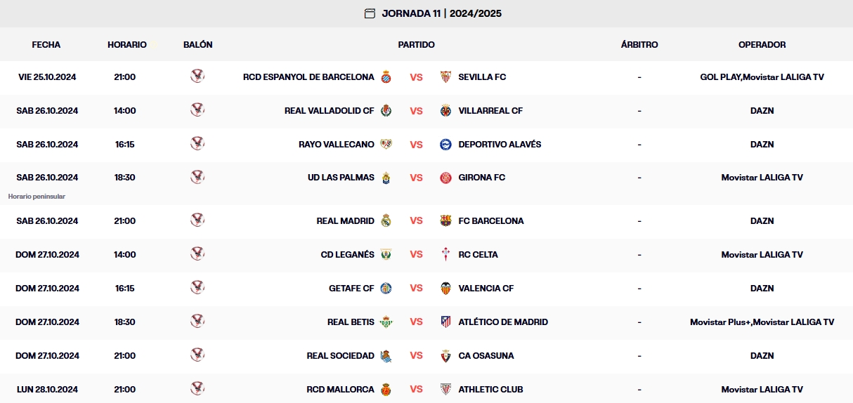 calendario jornada 11 laliga ea sports 24 25