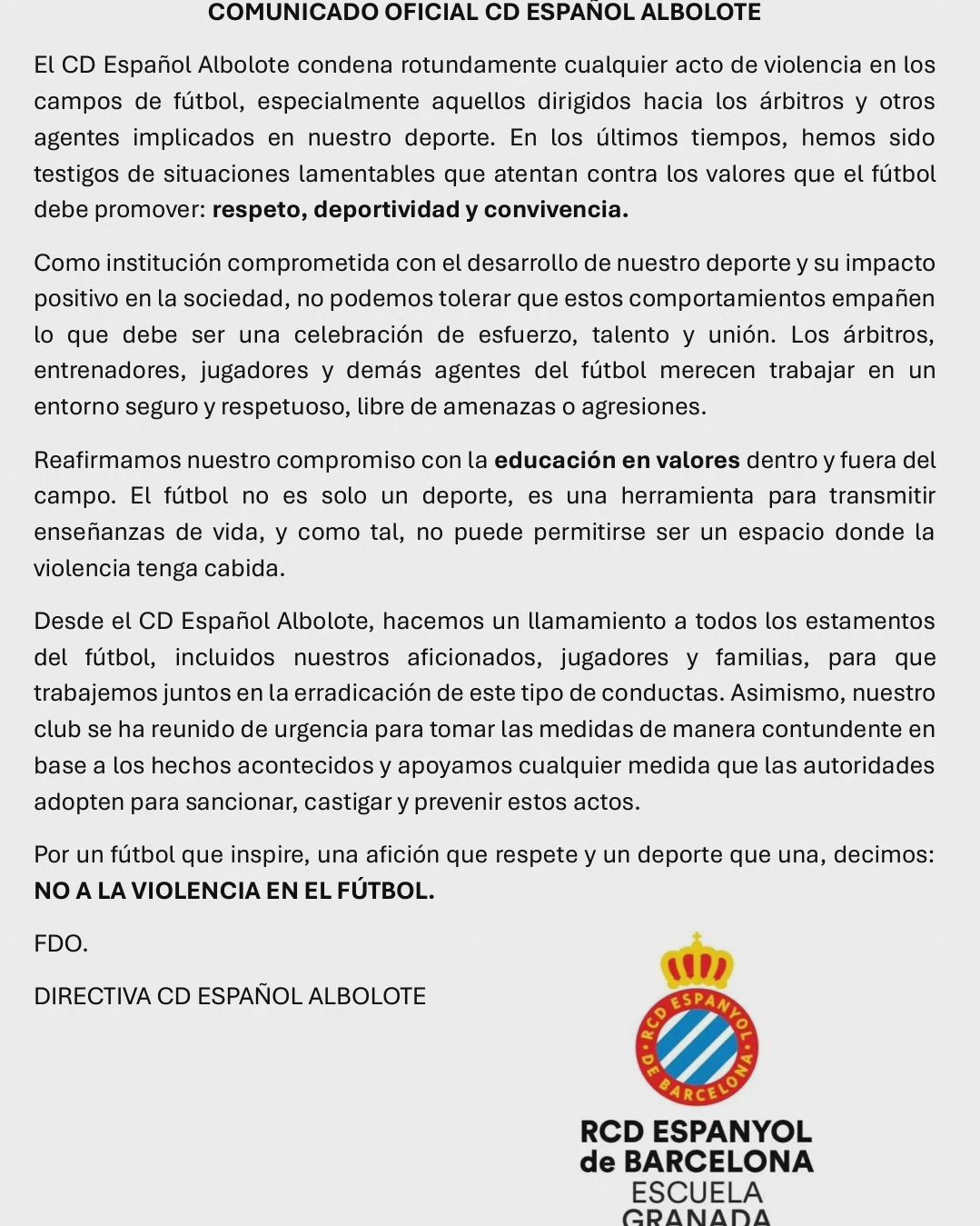 COMUNICADO CD ESPANOL ALBOLOTE noalaviolenciaenelfutbol