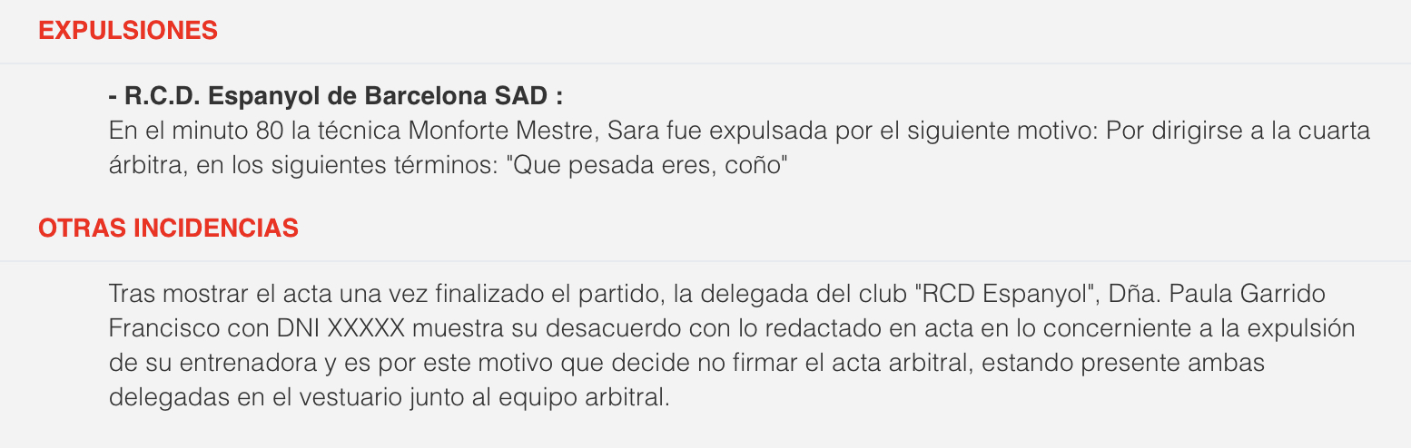 Expulsión Sara Monforte Espanyol Femenino
