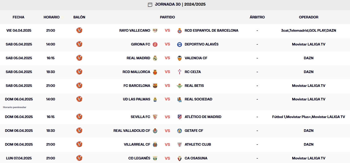 calendario jornada 30 laliga ea sports 24 25