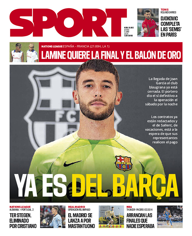 Joan García, fichaje cerrado: el Barça aplaude, el Espanyol se duele 2 portada sport joan garcia 2