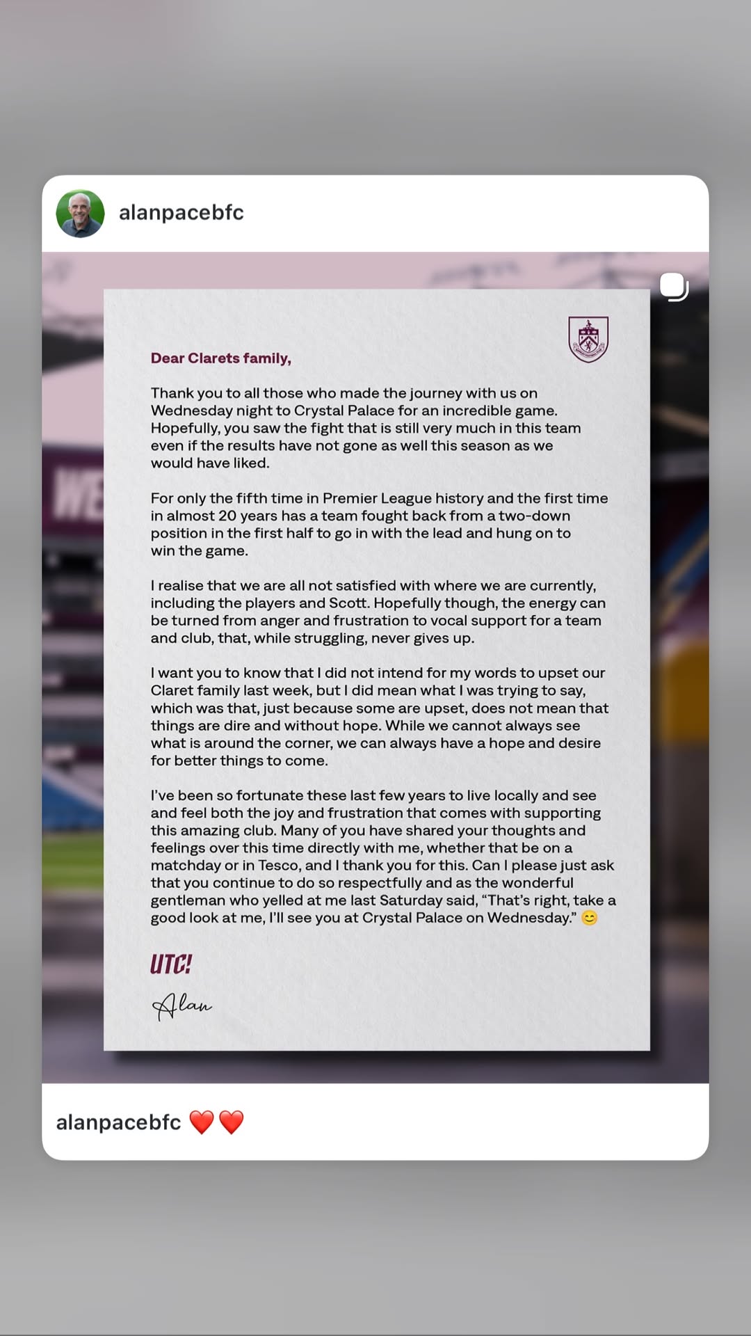 El doble frente de Alan Pace: pide calma al Burnley tras llamar pataleta a las protestas de la afición… mientras el Espanyol mira de reojo 1 carta alan paca burnley